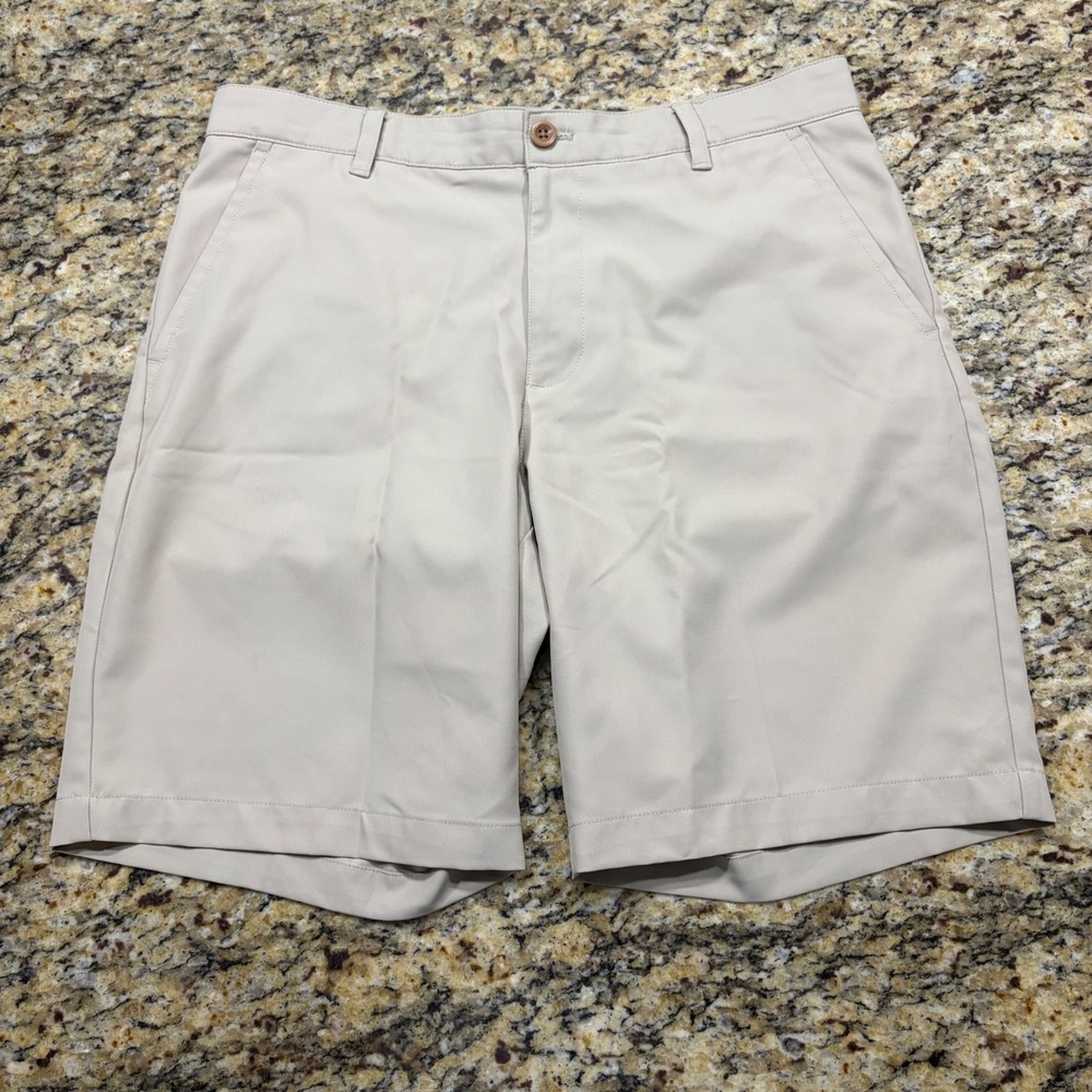 IZOD Golf Shorts Mens 32 Khaki Tan Flat Front Performance Chino Golfing Casual